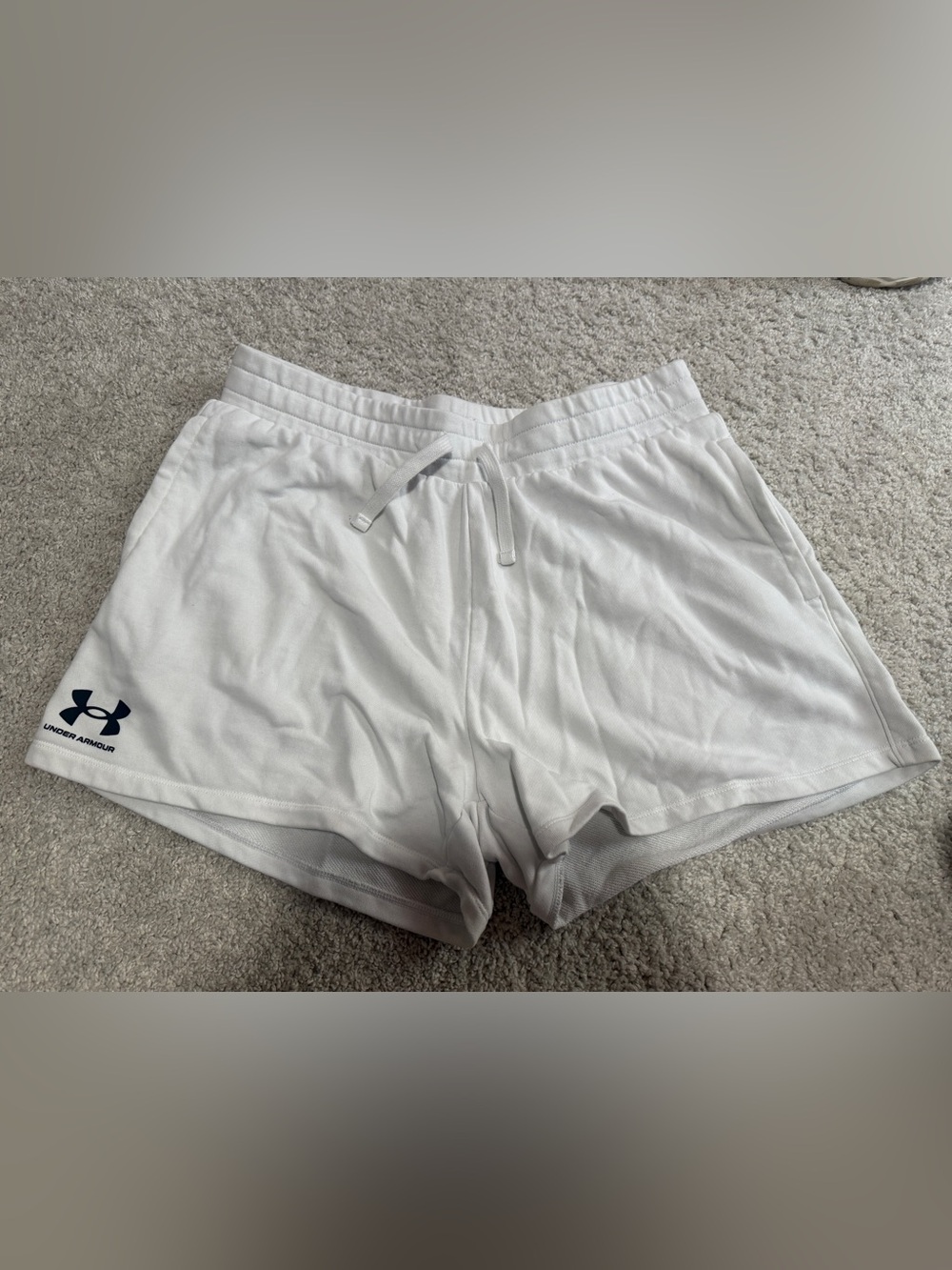 Under Armour White Athletic Drawstring Shorts with Navy Logo